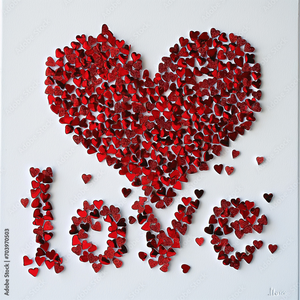 A Beautiful Array of Red Rose tiny hearts Forming a Heart Shape and Spelling Out Love on a White Background