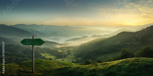 An arrow-shaped sign stands before misty green hills at sunrise photo
