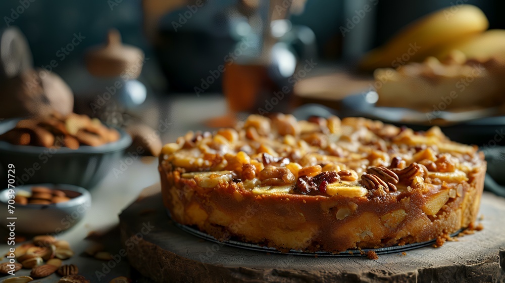 Tasty homemade pie with pecan nuts on a wooden table, closeup Tasty homemade pie with pecan nuts on a wooden table, closeup