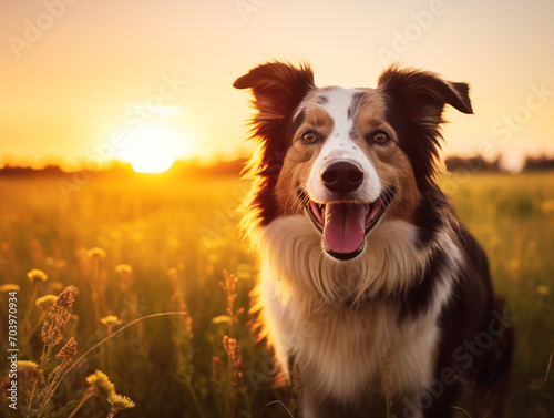 Border collie dog enjoying outdoors at a large grass field at sunset, beautiful golden light © Tanya