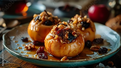 Baked apples with walnuts and raisins, selective focus