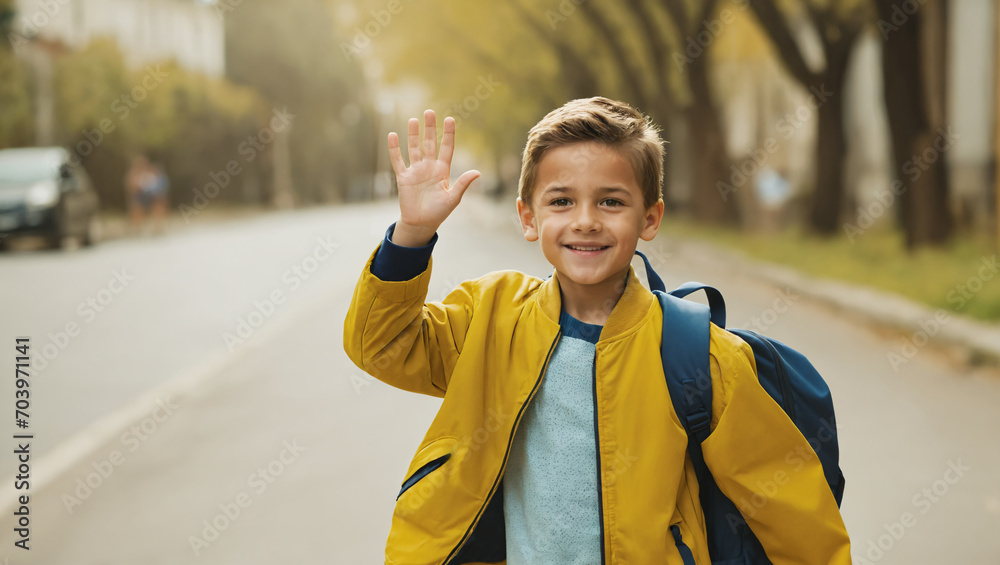 Fototapeta premium Smiling caucasian asian boy in yellow vest with a backpack waving his hand in the street on his way to school