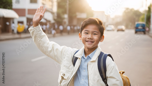 Smiling asian boy in white vest with a backpack waving his hand in the street of modern asian suburb on his way to school photo