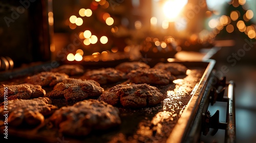 Chocolate chip cookies on a baking sheet in the oven. Bokeh background.