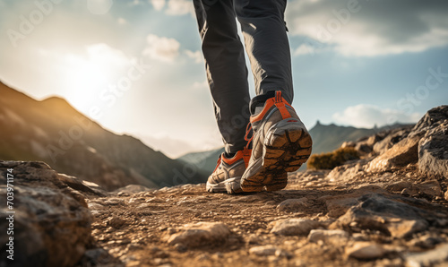 A hiker walking on rocky ground in the mountains, trking shoes. In the background a nice serene sky. Shot on the feet themselves