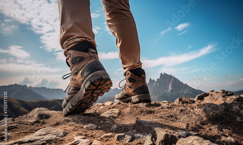 A hiker walking on rocky ground in the mountains, trking shoes. In the background a nice serene sky. Shot on the feet themselves