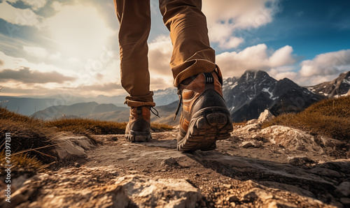 A hiker walking on rocky ground in the mountains, trking shoes. In the background a nice serene sky. Shot on the feet themselves photo