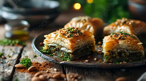 Traditional Turkish dessert baklava with cashews, and walnuts. photo