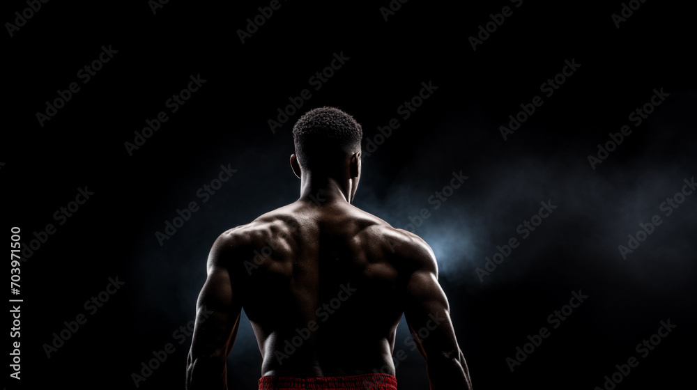 Muscular athlete, boxer. View from the back. Sports poster