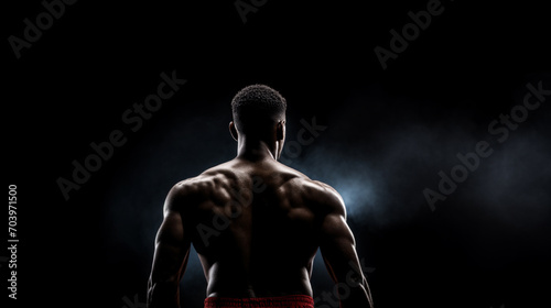 Muscular athlete  boxer. View from the back. Sports poster