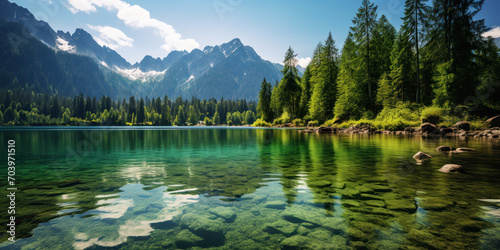 serene green lake nestled in the heart of towering mountains, under a clear, sunny sky photo