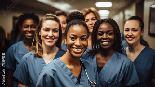 Portrait of a diverse group of doctors and medical workers in a hospital with a stethoscope 