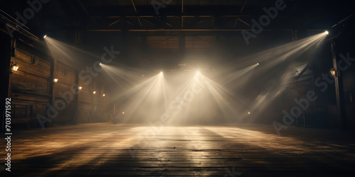An empty film set highlighted by a single beam from a spotlight photo
