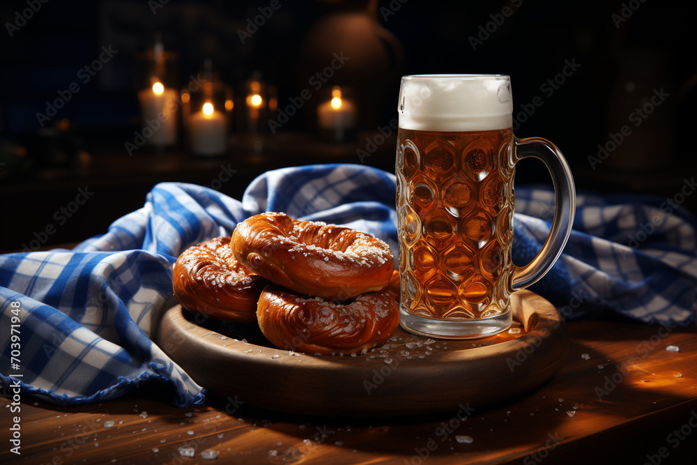 Beer mugs and pretzels on Bavaria flag fabric texture background. Oktoberfest, beer festival concept, stock image Beer mugs and pretzels on Bavaria flag fabric texture background. Oktoberfest, beer festival concept, stock image
