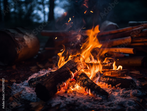 Camp fire in a night at a camp ground