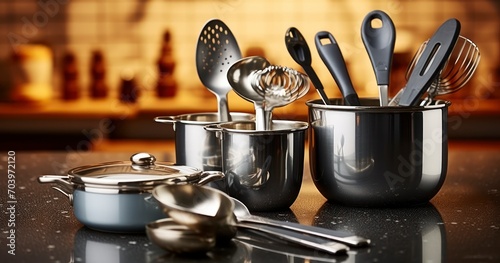 Kitchen Elegance - Metal cooking utensils on table. Generative AI photo