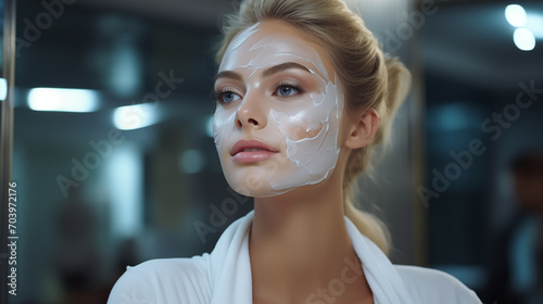 Self-care concept. Portrait of an attractive young woman, a beautiful woman in a white silk robe touches the delicate skin of her face and smiles. woman taking care of her skin at home