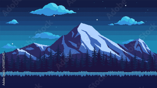 Pixel art mountain background at night. Grassy ground against the backdrop of a pine forest, snow-capped peaks and a cloudy sky with stars. Horizontal seamless nature vector illustration.