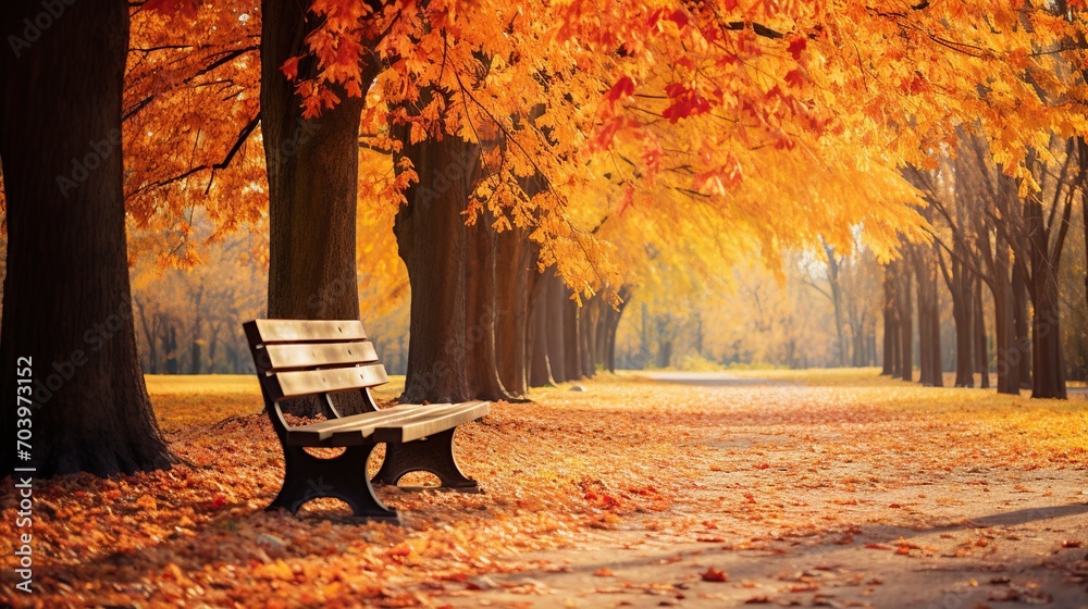 A solitary park bench rests under a canopy of golden maple leaves, capturing the essence of autumn tranquility.
