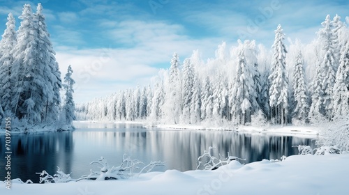 A serene winter wonderland, featuring a snow-laden forest with a calm lake reflecting the clear blue sky.  © logonv