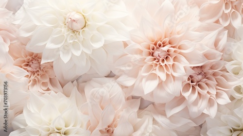 Close-up of soft white dahlia flowers showcasing their intricate petal patterns and subtle pink hues.  © logonv