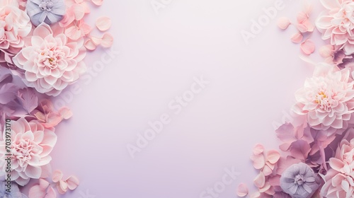 An elegant arrangement of pastel flowers creating a delicate frame on a soft purple background. © logonv