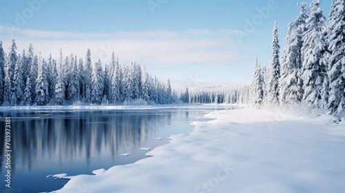 A breathtaking winter scene with snow-covered trees alongside a partially frozen lake under a clear blue sky.  © logonv