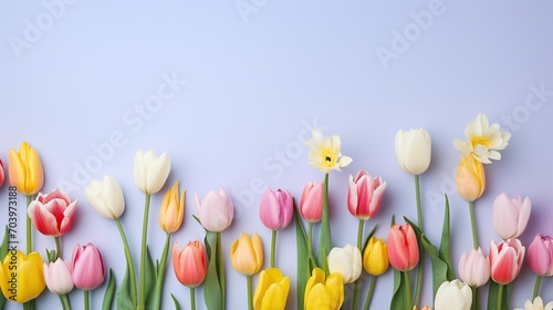 A bright array of multicolored tulips and daffodils on a purple background symbolizing the joy of spring. © logonv