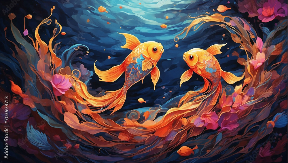 Zodiac sign of Pisces, Acrylic painting of golden fish, Illustration, under water, Generative AI