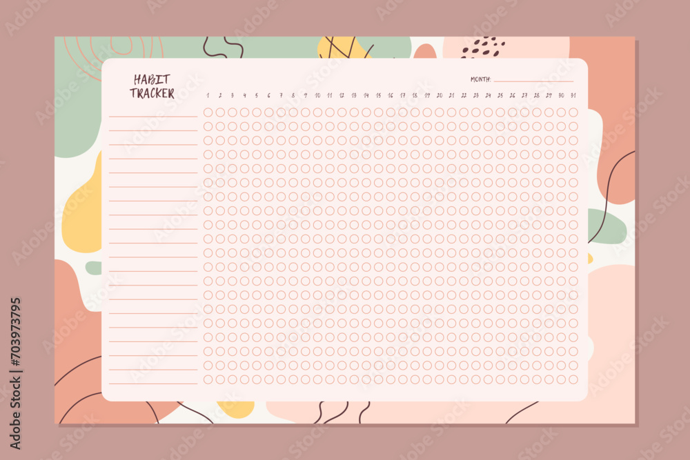 Habit Tracker blank template. Monthly planner. Daily template habit diary for month. Horizontal, landscape orientation. Contemporary modern trendy floral design. Abstract background. Vector