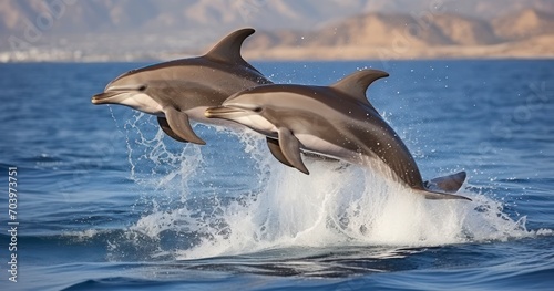 The Spectacular Display of Two Common Dolphins Breaching in Unison. Generative AI © Watasiwa