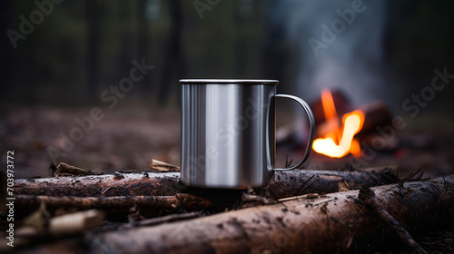 Lifestyle photograph of a simple matte metal coffe cup