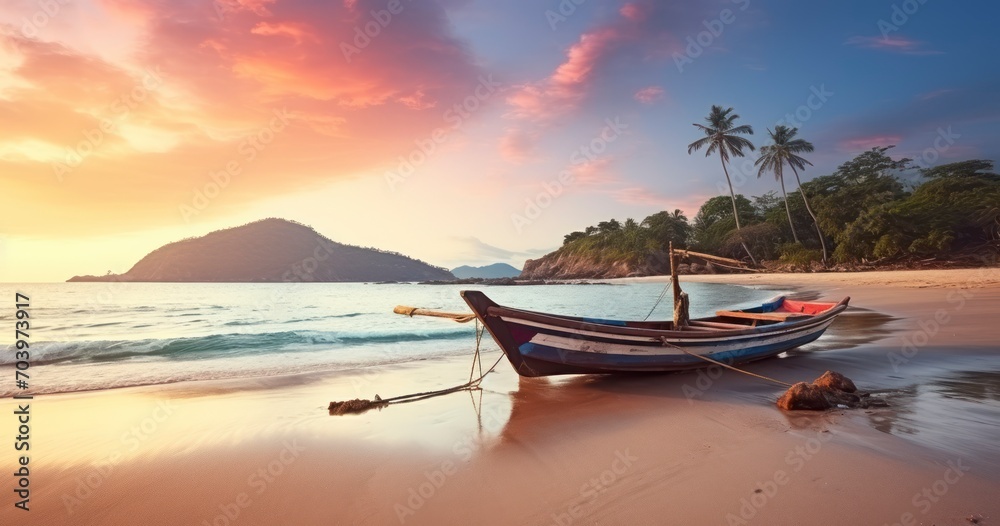 A Fisherman's Boat Moored on the Sands of a Tropical Beach Under a Setting Sun. Generative AI A Fisherman's Boat Moored on the Sands of a Tropical Beach Under a Setting Sun. Generative AI