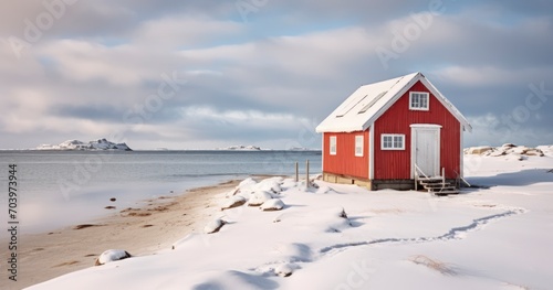 Winter's Contrast - Red hut on the beach in snow. Generative AI