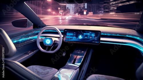 The interior of luxury car night, showcasing sleek steering wheel, modern illuminated dashboard with digital displays against a backdrop of bustling city traffic. Cutting-edge technology of the future © stateronz