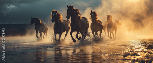 A group horse running across a lake. © Jacques Evangelista