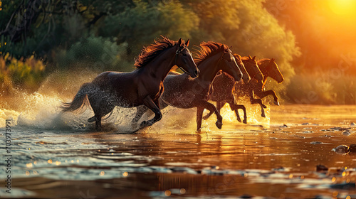 A group horse running across a lake.