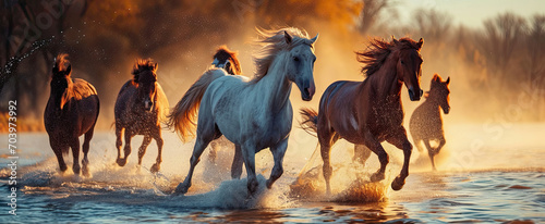 A group horse running across a lake. photo