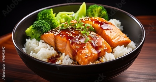 Delectable Salmon Teriyaki with Perfectly Cooked Rice and Vegetables, Served in a Bowl. Generative AI