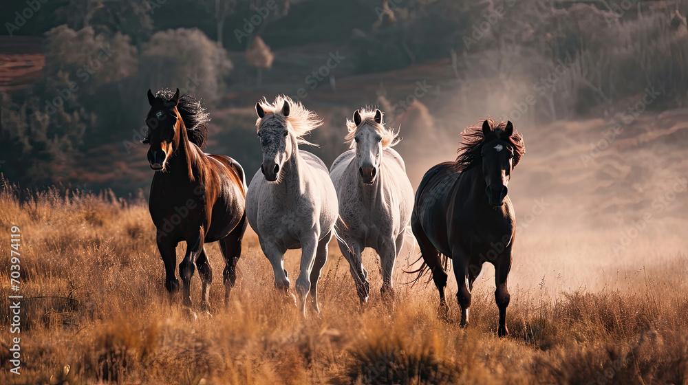 group of horses are running through a field.
