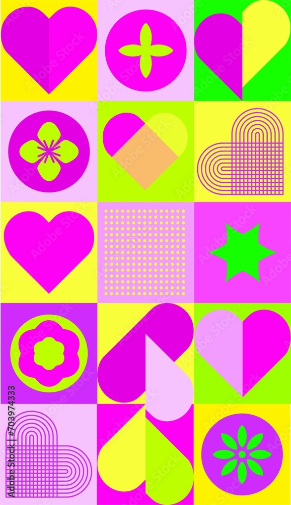 Creative Happy Valentine's Day card concept.Digital illustration in primitive abstract style in bright neon colors for branding,advertising,print,banner,flyer.
