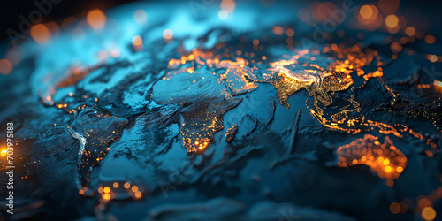 Dark world map, full covered with oil and carbon, burned and destroyed by fire, abstract conceptual illustration of global warming and environmental disaster on Earth photo