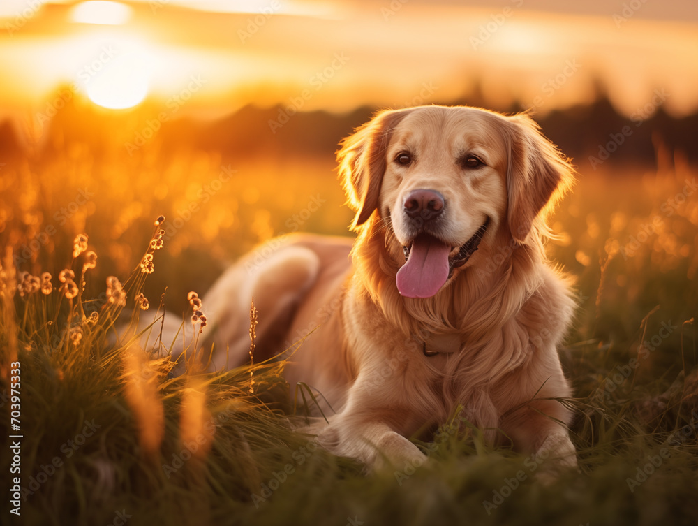 Golden Retriever dog enjoying outdoors at a large grass field at sunset, beautiful golden light	
