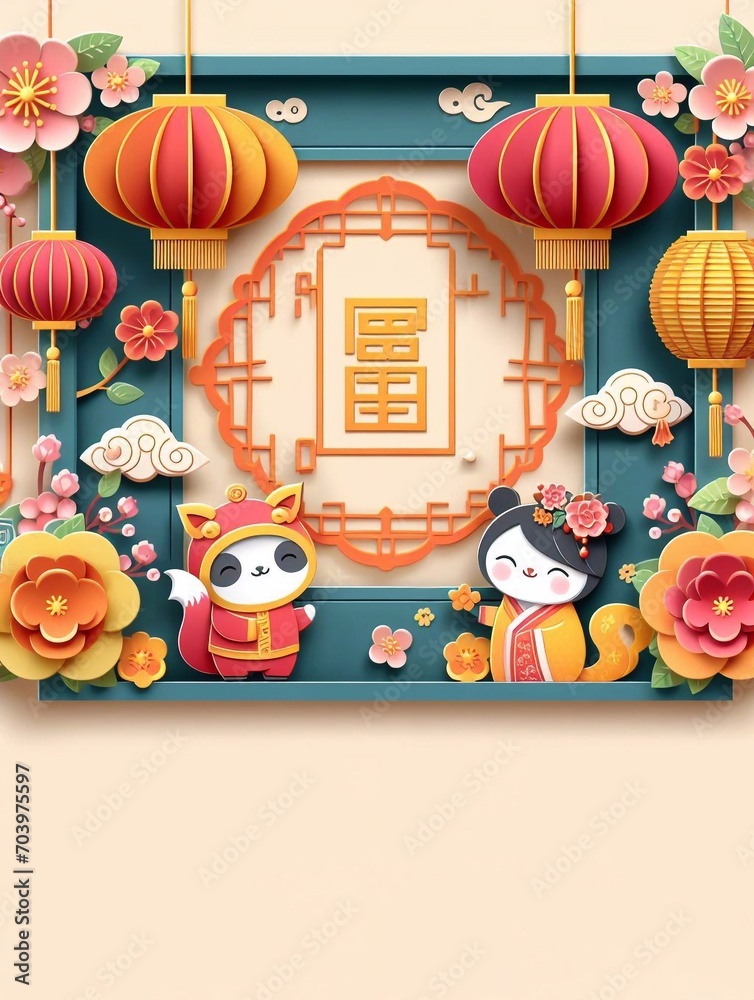 Fototapeta premium Chinese New Year Festival Illustration Paper Art Paper Cut background, Cute Style generative ai ART