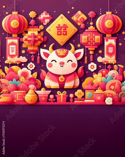 Chinese New Year Festival Illustration Paper Art Paper Cut background, Cute Style generative ai ART