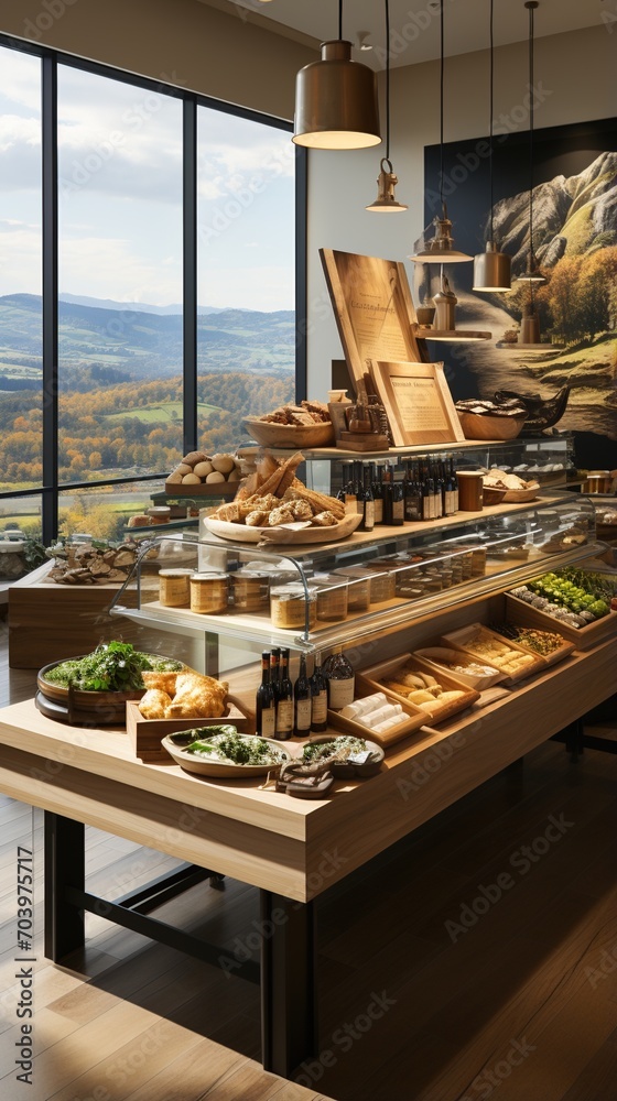 Rustic restaurant interior with large windows and wooden furniture