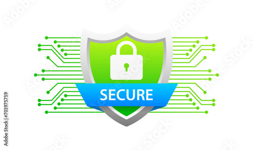 Secure icon. Flat, green, lock for key inside shield, secure sign. Vector icon