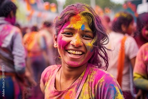 Happy young people Dancing and celebrating during Music and Colors festival. the Holi Festival