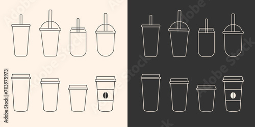 Coffee cup icon set isolated.Plastic cup icons collection.Disposable mug of different shapes and sizes.Plastic container for hot,cold drink,juice, tea.Ideal for logo,menu. Vector illustration EPS 10