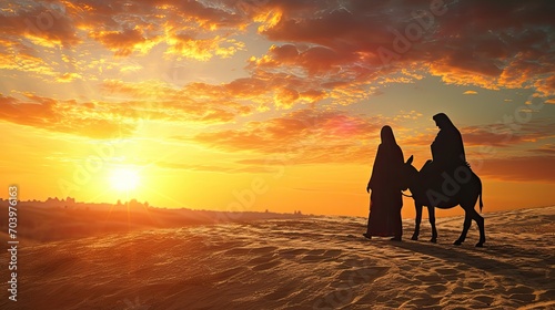Silhouette Mary and Joseph journeying through the dessert with a donkey on sunset looking for a place to stay © buraratn